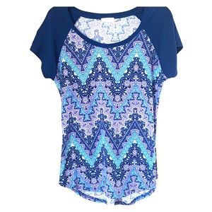 Women’s paisley print purple, teal and blue top.